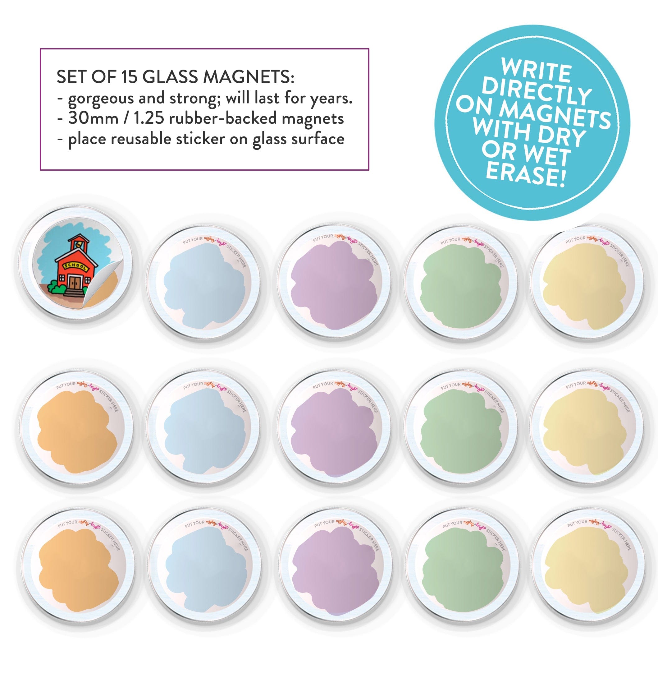 Set of 15 Glass Magnets – Mighty + Bright